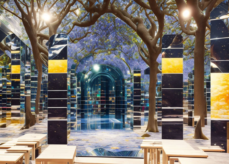 Mirrored columns reflecting trees in vibrant outdoor setting