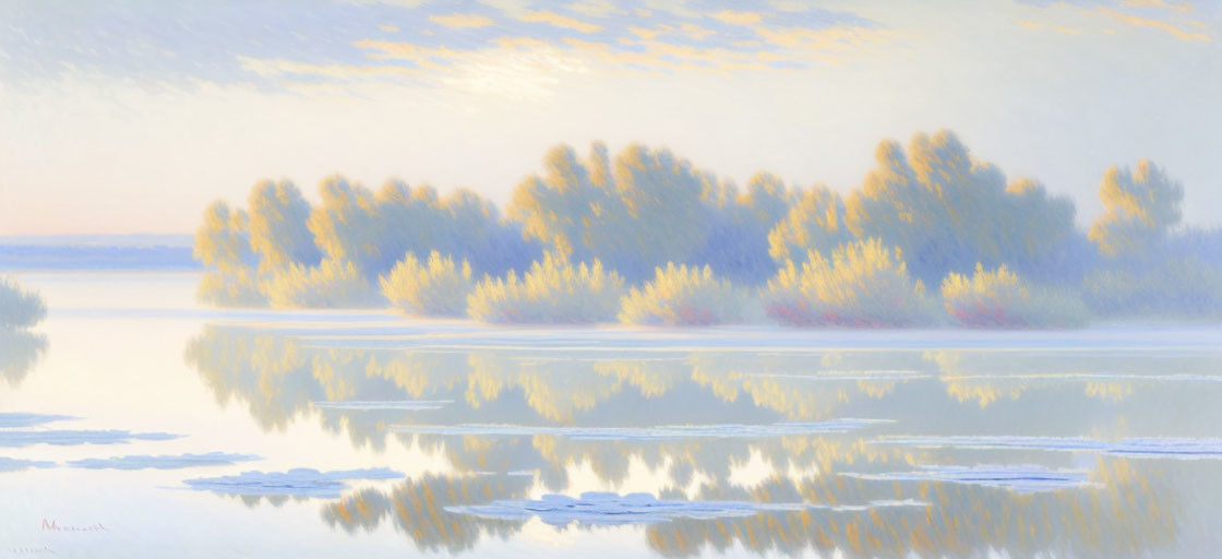 Tranquil landscape painting of serene water and pastel sky