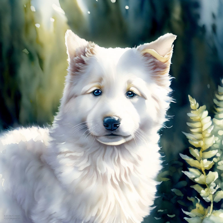 White Fluffy Dog with Heterochromia in Digital Painting