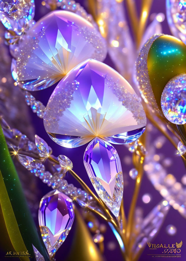 Vibrant digital art: shimmering crystals in purple and blue with gold accents