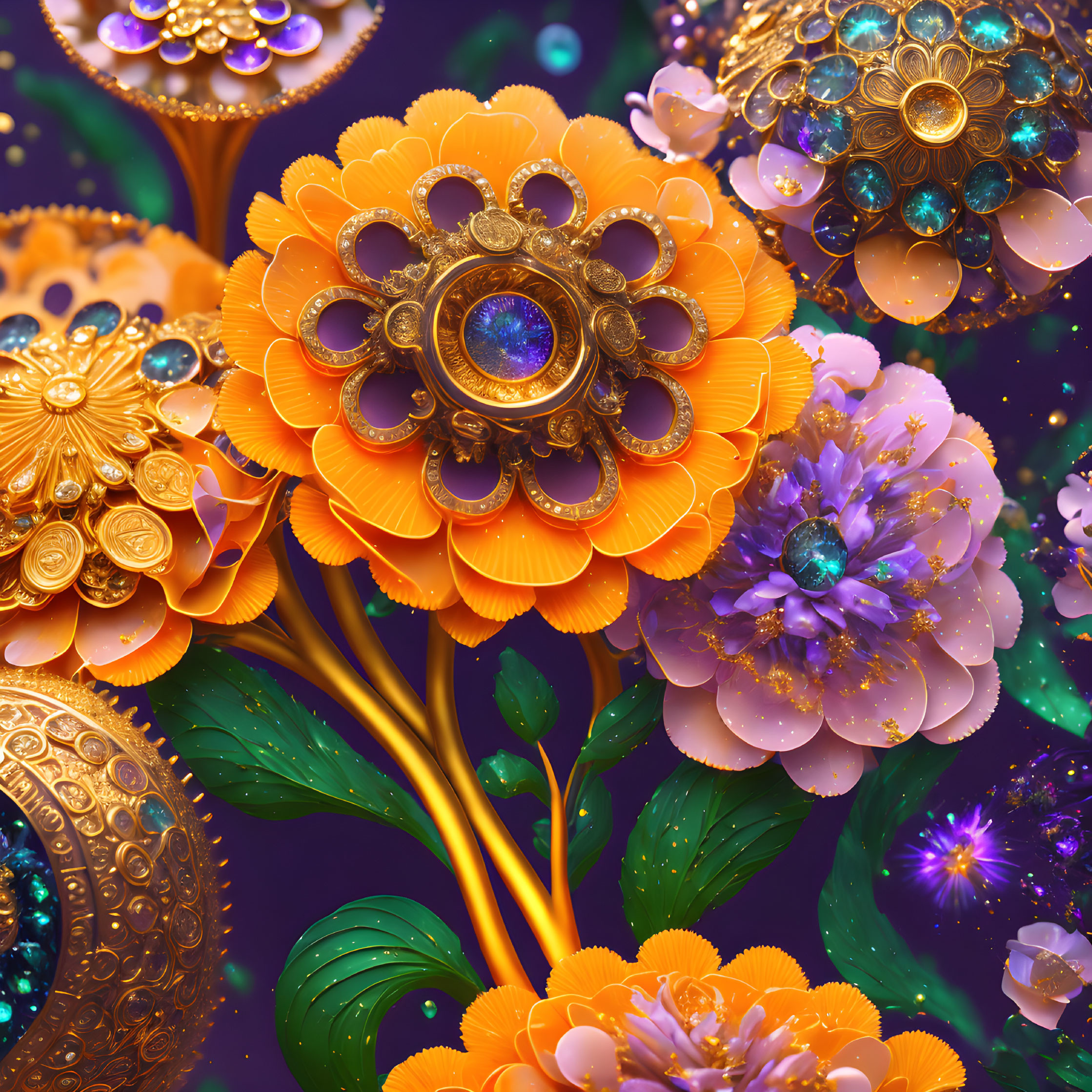 Vivid digital artwork: Golden florals, jewel tones, purple background