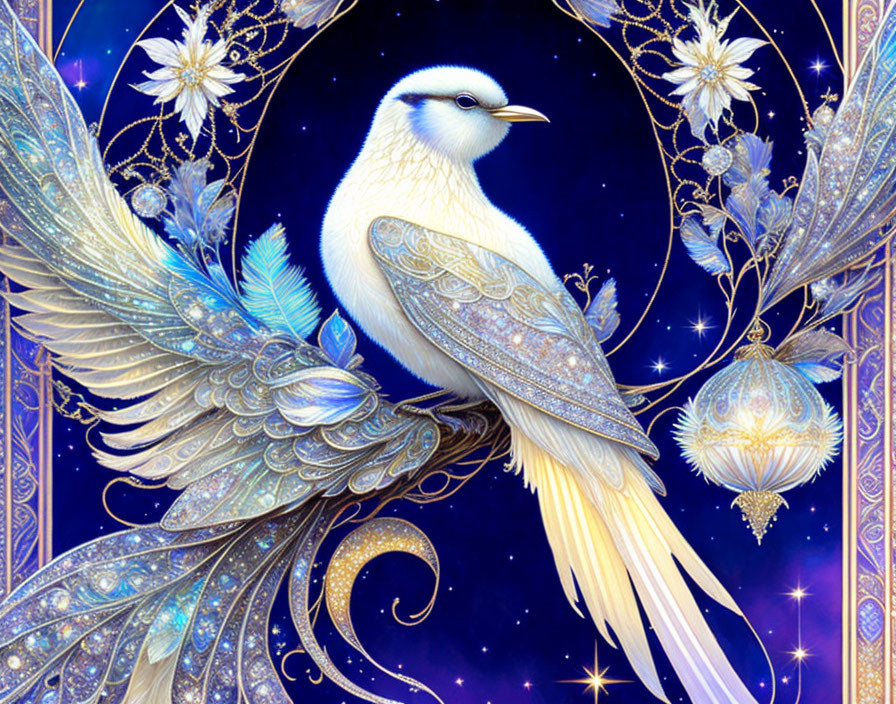 White Bird with Jewel-like Wings on Starry Blue Background