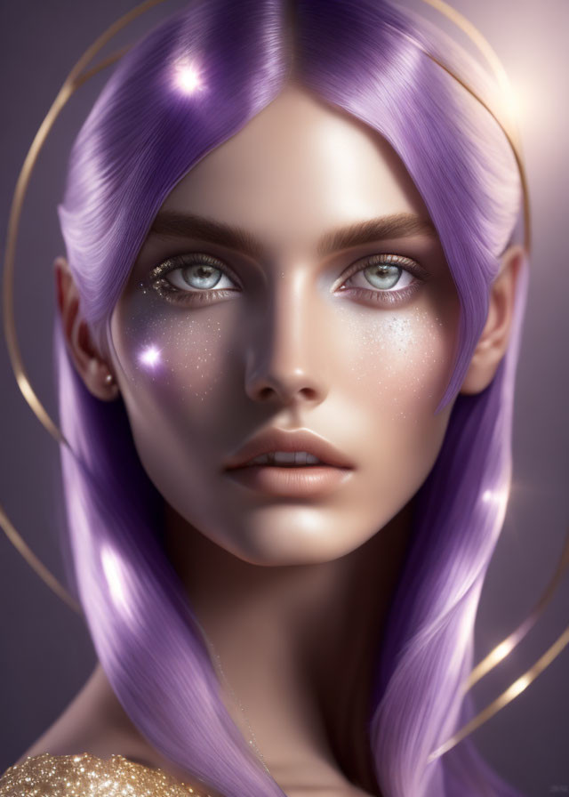 Character with violet hair, blue eyes, freckled skin, and golden halo.