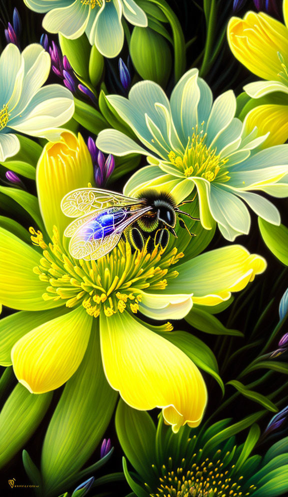 Colorful Digital Artwork: Bee with Translucent Wings on Yellow Flowers