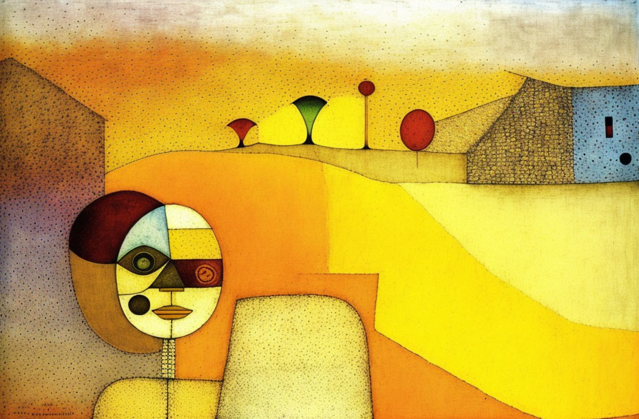 Colorful Cubist Painting Featuring Large Circular Face in Geometric Landscape