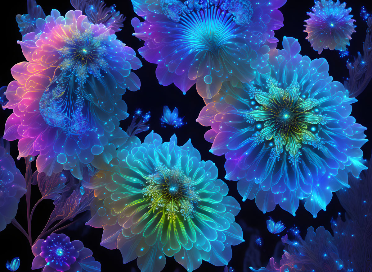 Neon-colored luminescent flowers in intricate patterns on dark background