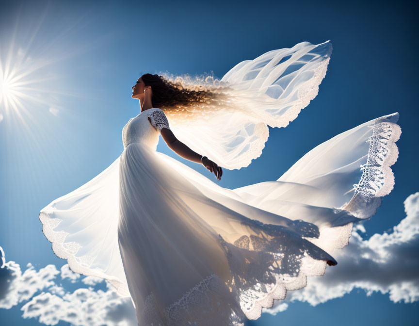 Elegant Bride in White Lace Dress Backlit Against Blue Sky