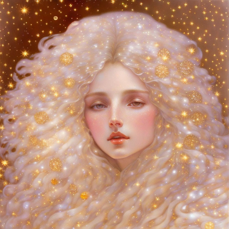 Digital painting: Woman with wavy white hair and celestial theme