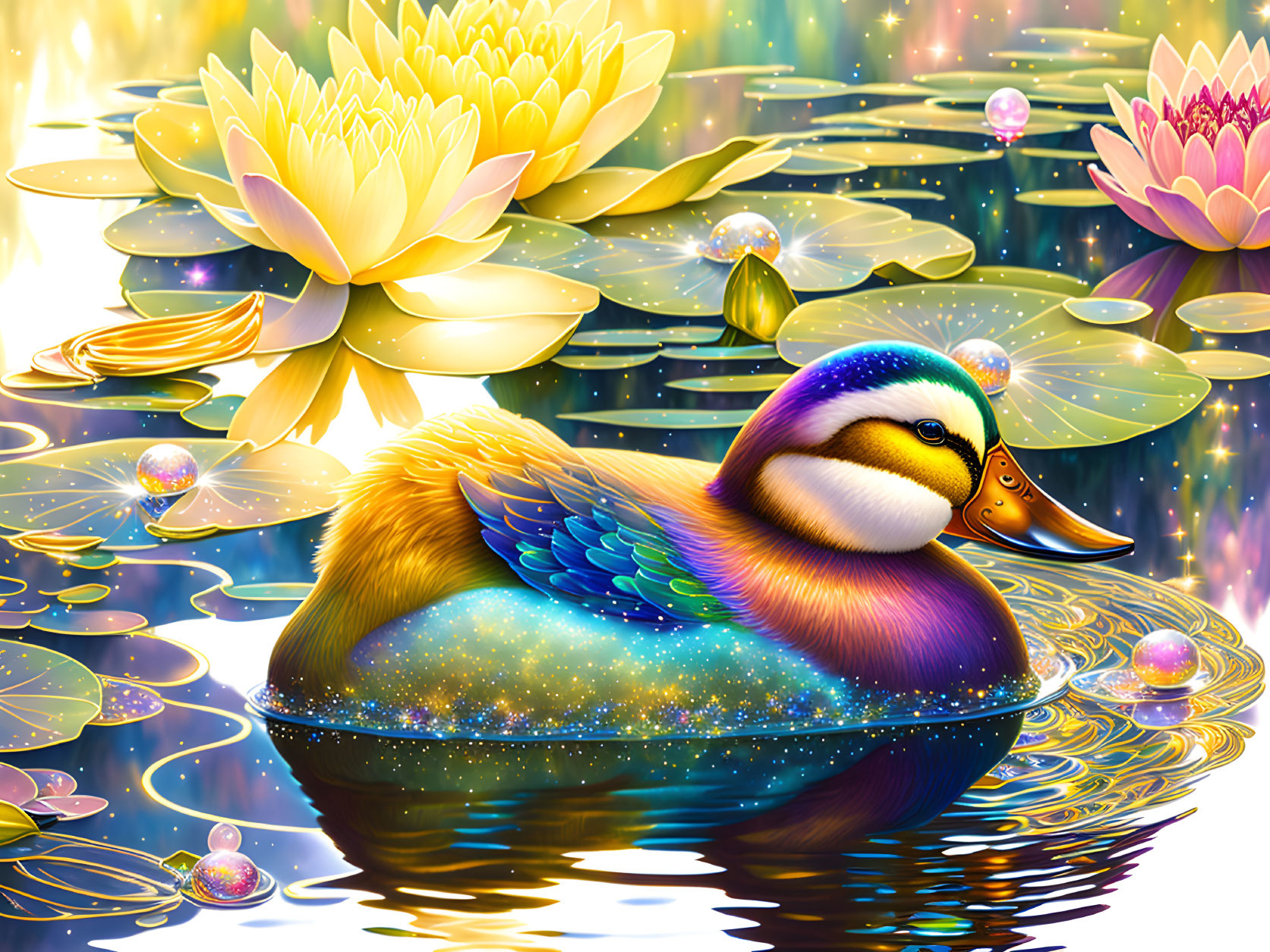 Fantastical Duck Floating on Water with Vibrant Colors