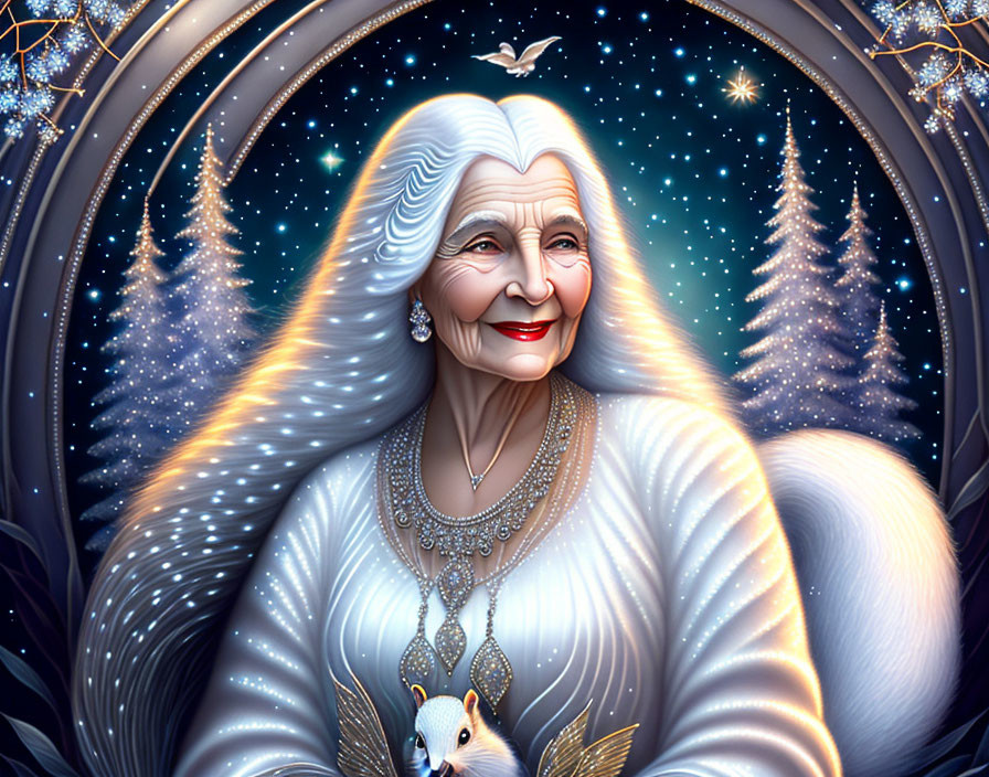 Elderly woman with white hair and pearl necklace in mystical nature portal