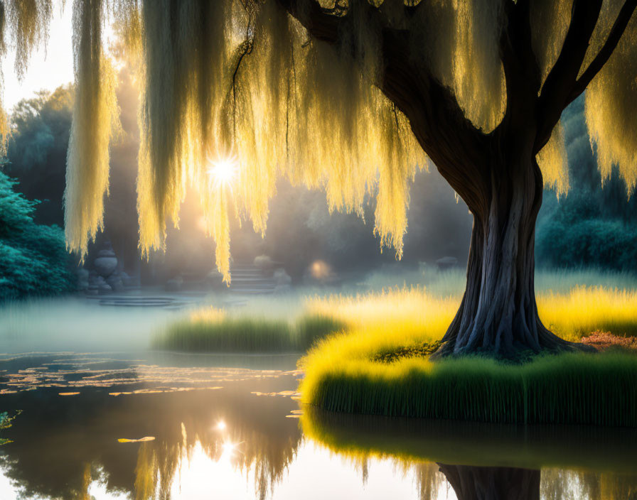 Tranquil lake landscape with willow tree under golden morning light