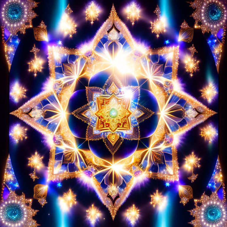 Symmetrical digital fractal art with star-like shapes in blue, gold, and white