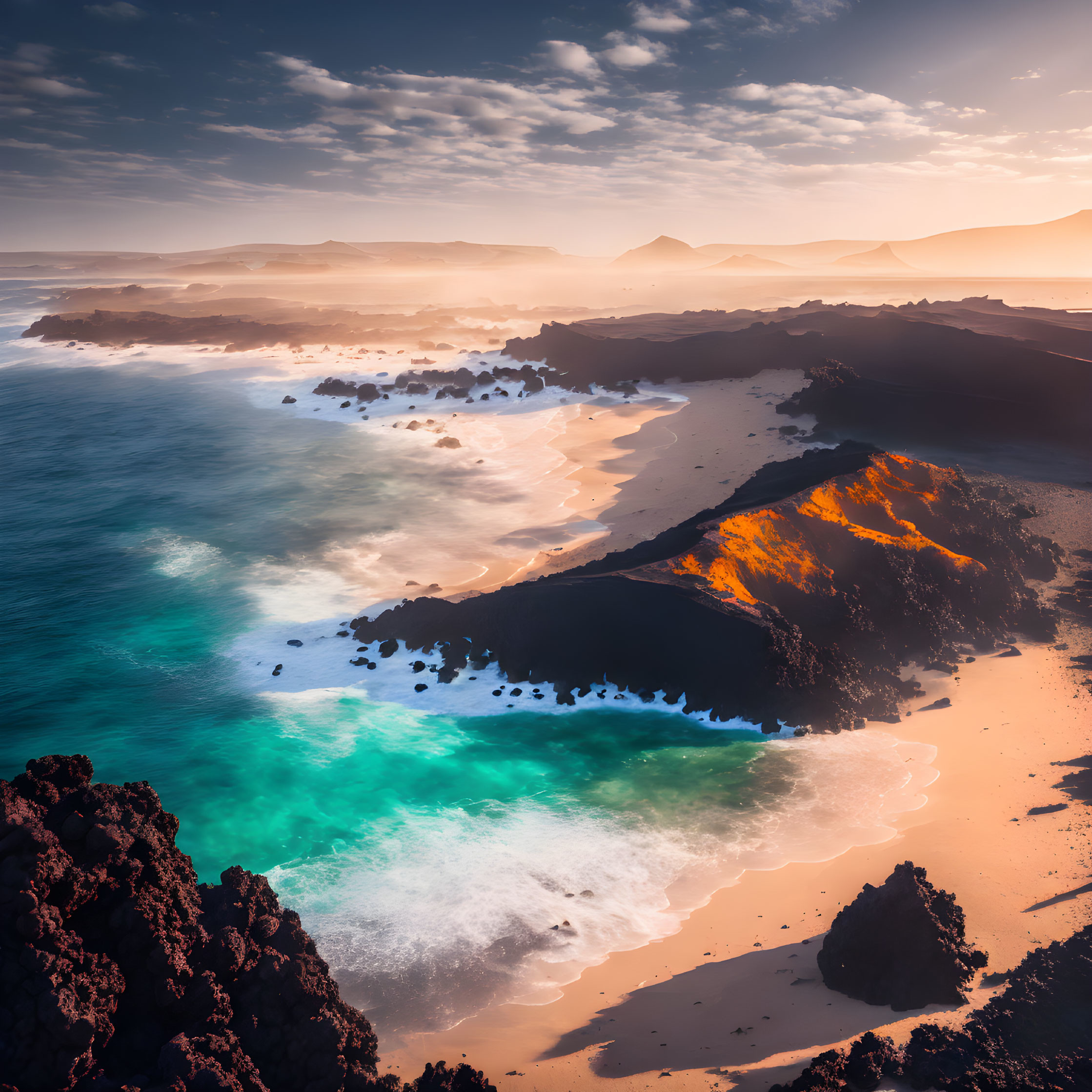 Scenic Coastal Landscape: Sunset, Orange Cliffs, Turquoise Waves