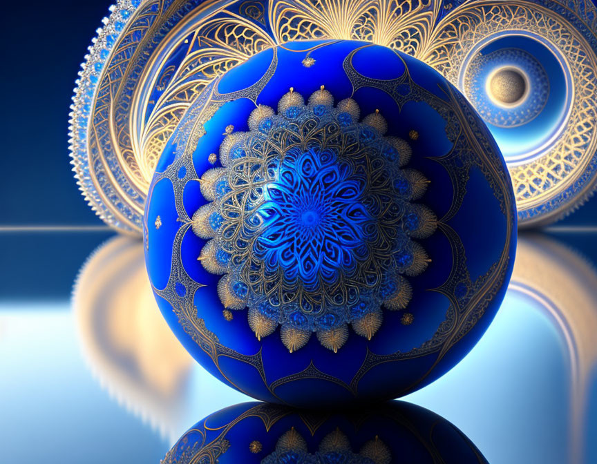 Intricate Blue and Gold Fractal Sphere on Shiny Surface