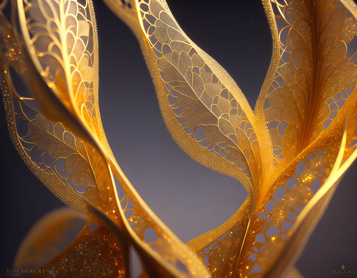 Golden leaf-patterned structure with glowing lights on dark background