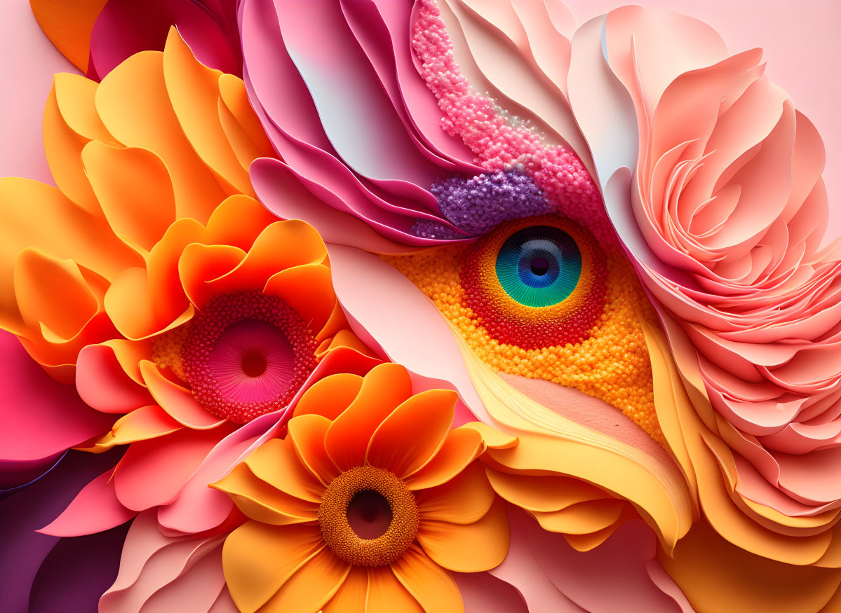 Vibrant digital artwork: stylized bird with floral patterns and multicolored eye