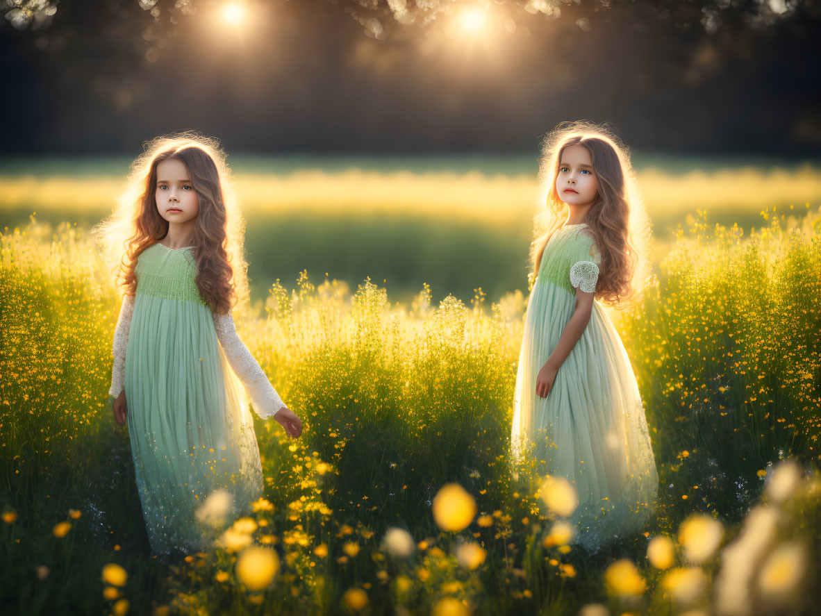 Two girls in green dresses standing in sunlit field with yellow flowers.