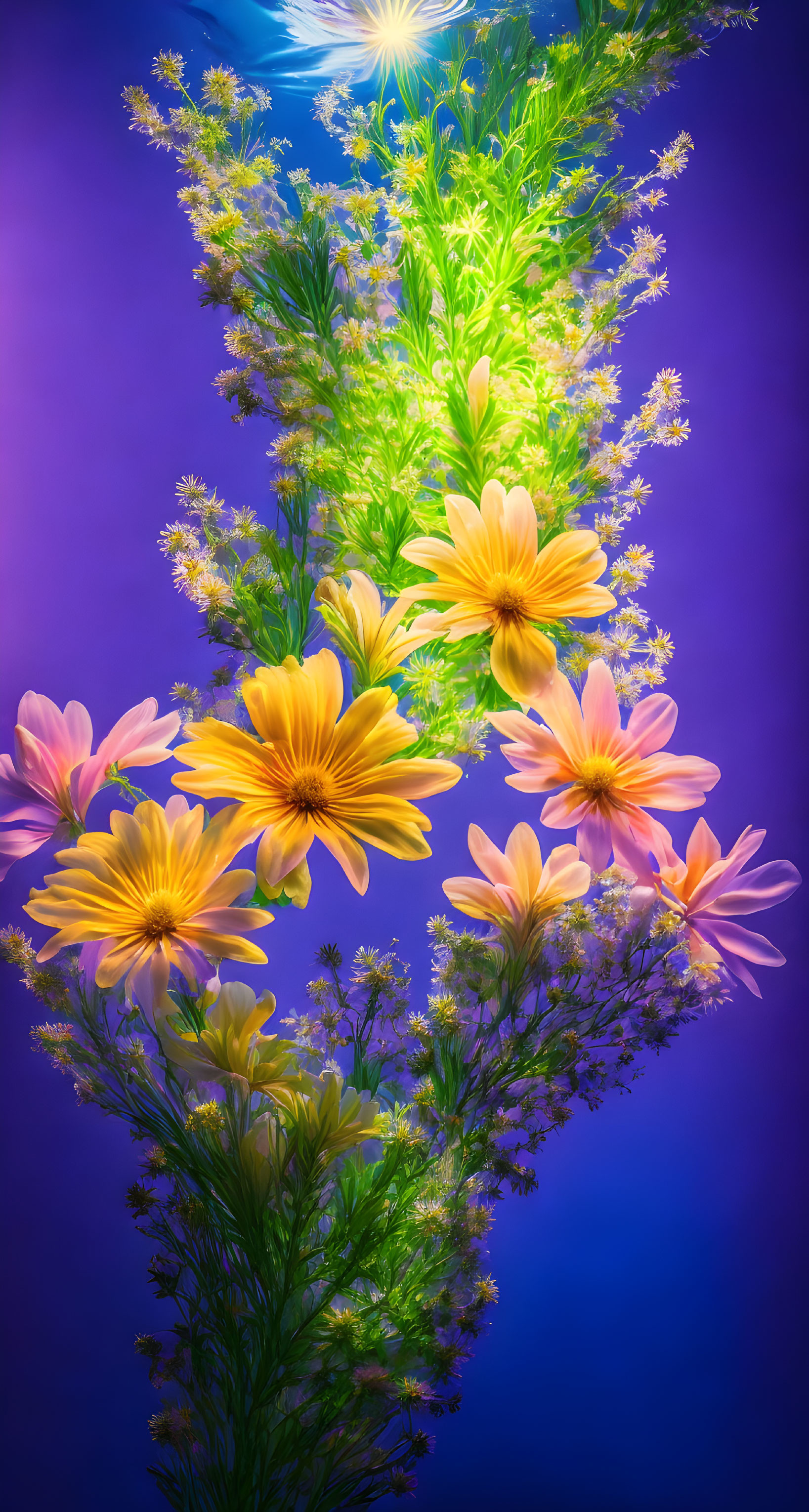 Colorful Yellow and Pink Cosmos Flowers on Blue Background