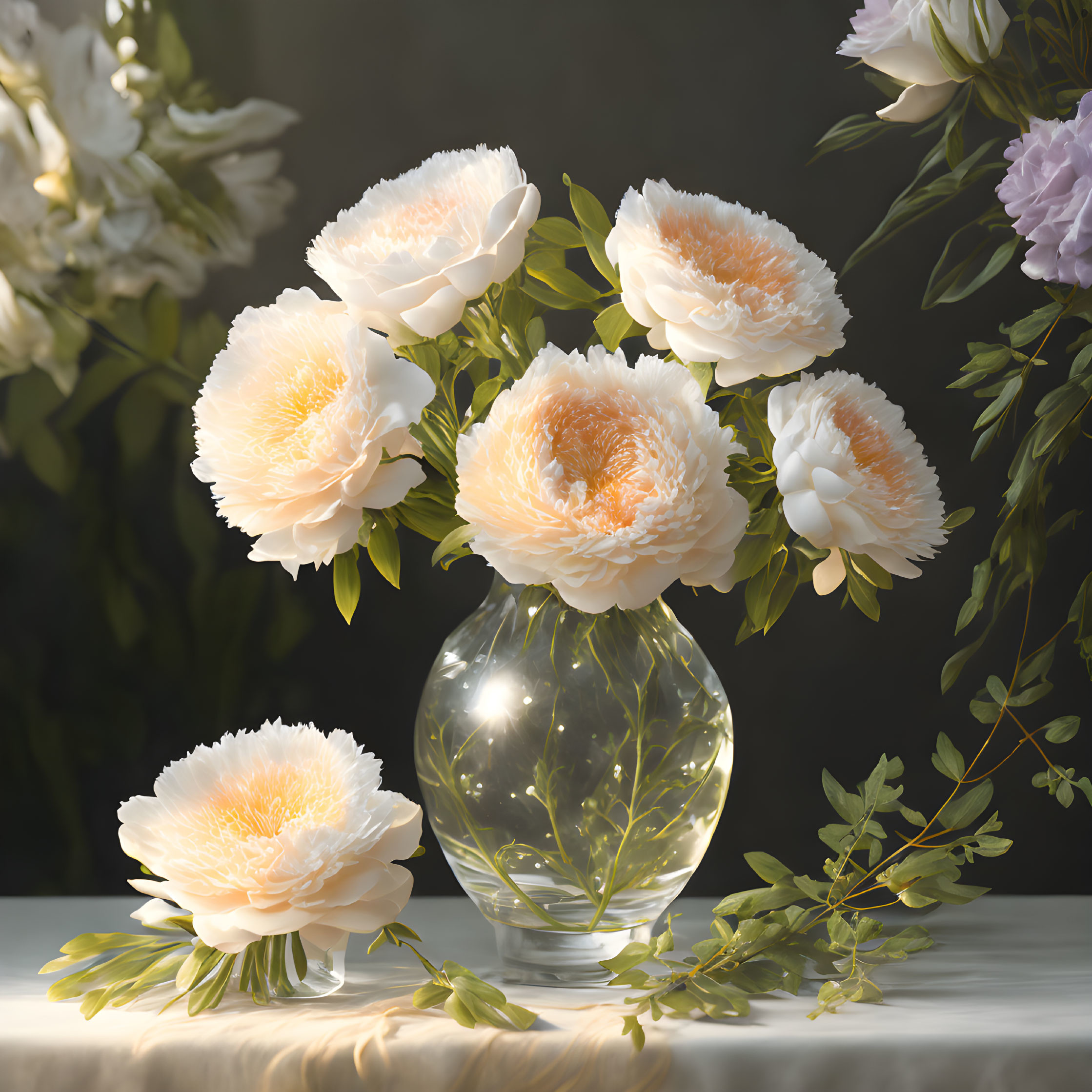 Pale-Peach Peonies in Glass Vase with Fairy Lights and Green Foliage