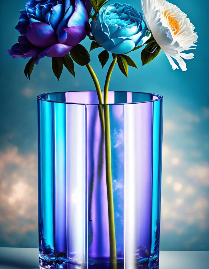 Colorful flowers in blue vase on teal backdrop