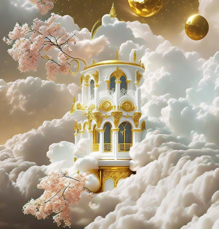 Golden Palace Floating Among Clouds with Cherry Blossoms and Orbs