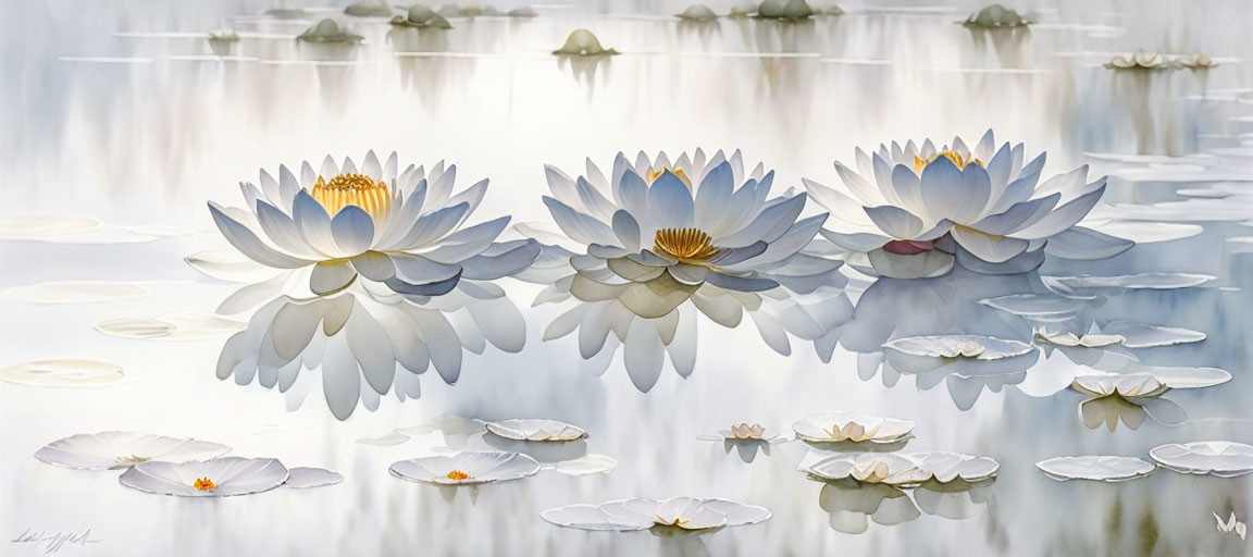 Symmetrical white water lilies on tranquil pond with soft light