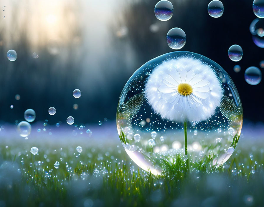 Dandelion in bubble with water droplets on dewy field