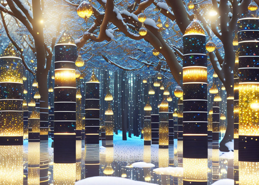 Snow-covered winter scene with illuminated trees and lanterns at twilight