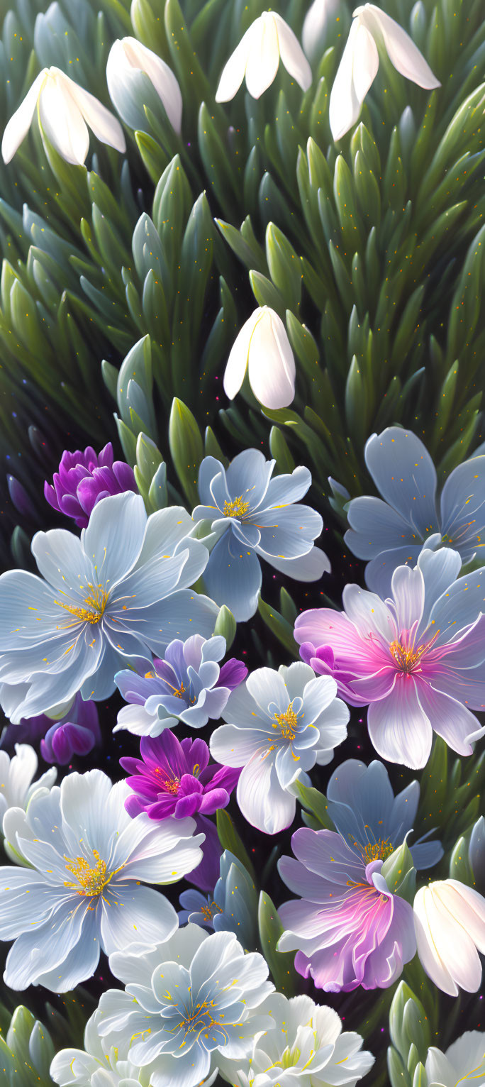 Delicate pale blue, white, and pink flowers with lush green foliage