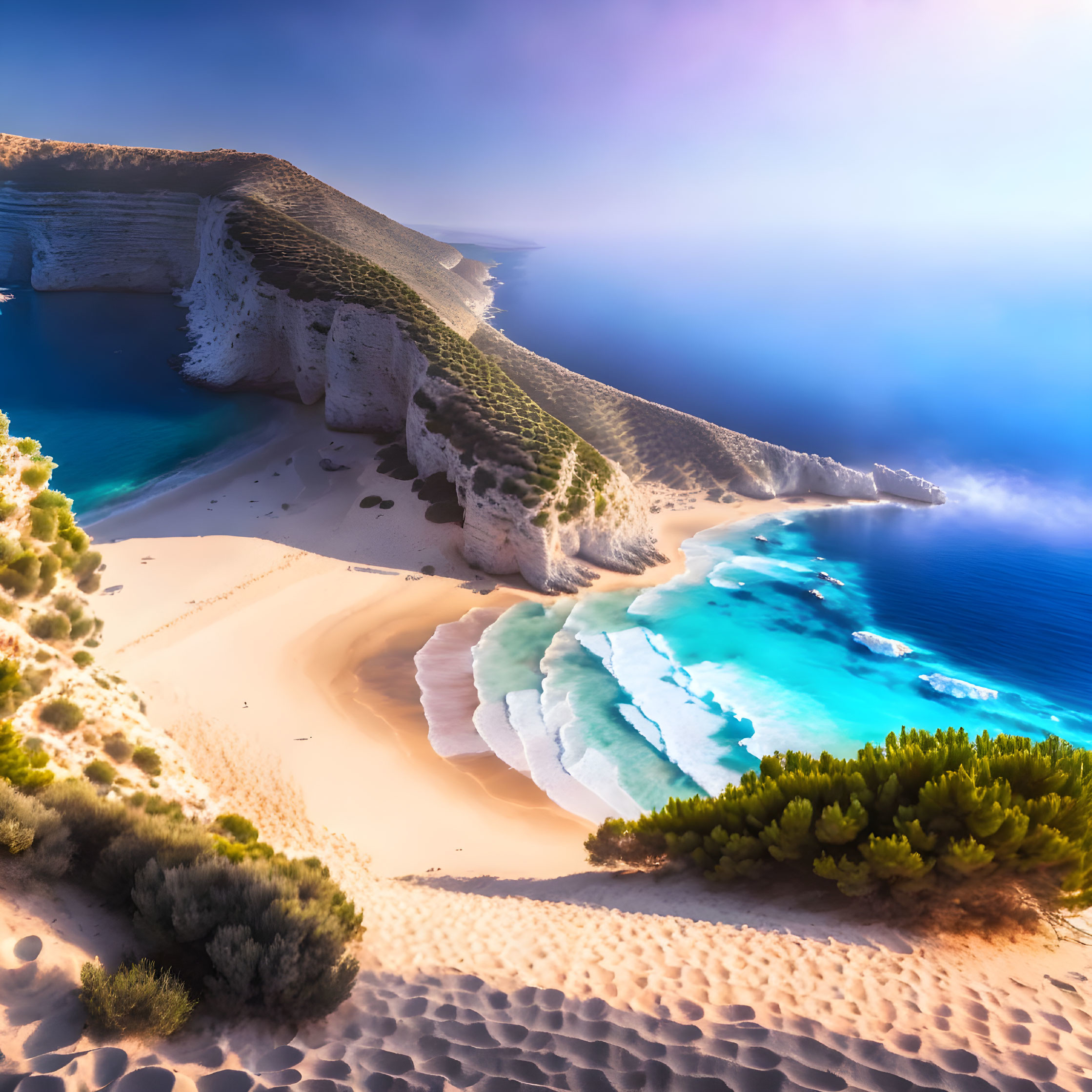 Serene coastal landscape: beach, cliffs, clear blue waters