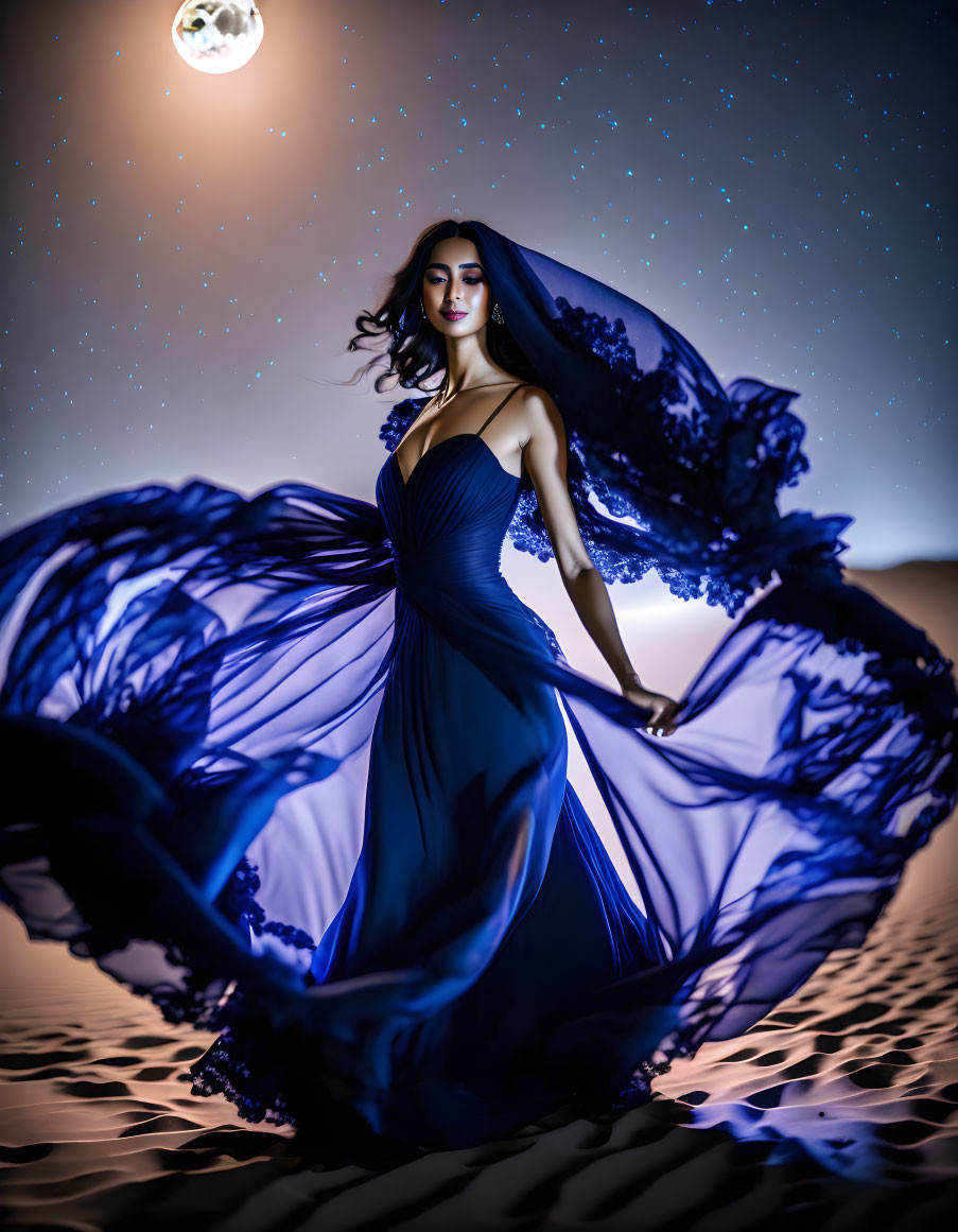 Woman in flowing blue dress under starry sky with moon, elegant pose and billowing fabric.