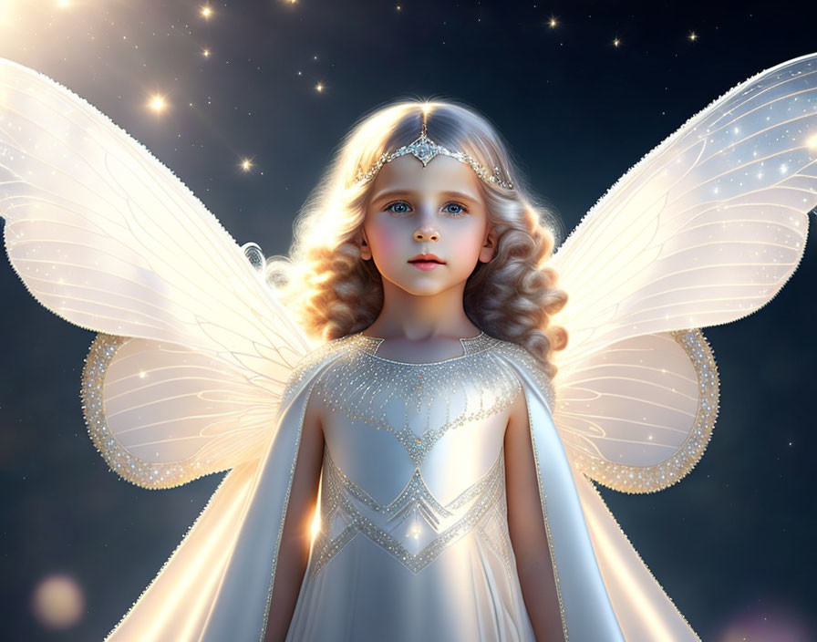 Young angelic figure with glowing wings and diadem in white dress