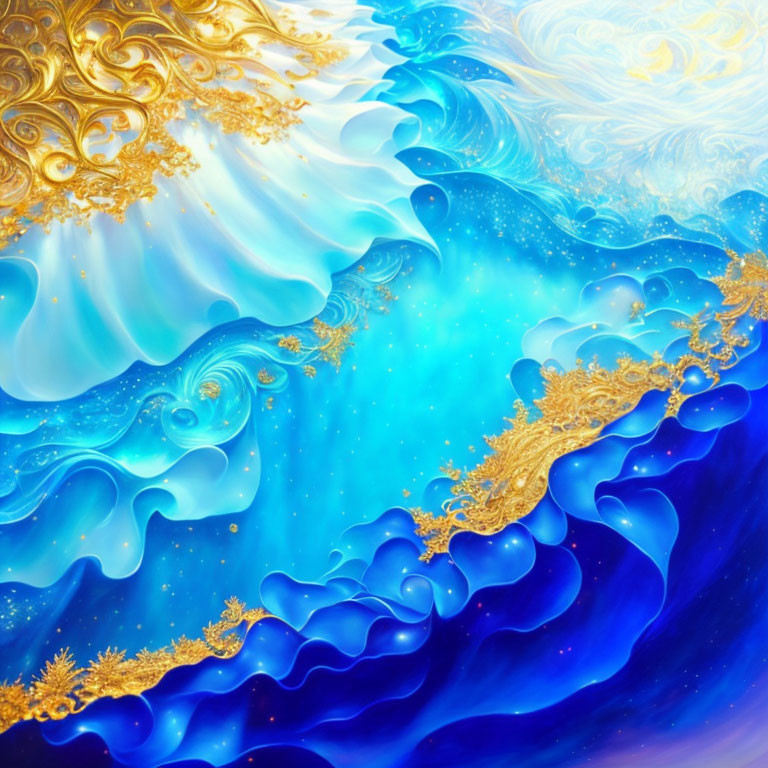 Abstract Blue and White Swirling Patterns with Gold Accents