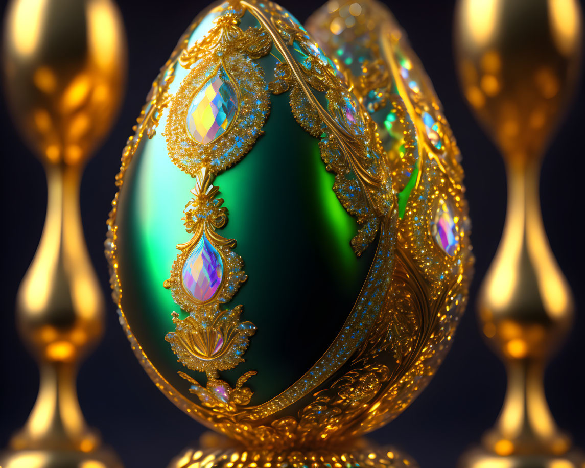 Jeweled Egg with Gold Filigree and Gemstones on Dark Background