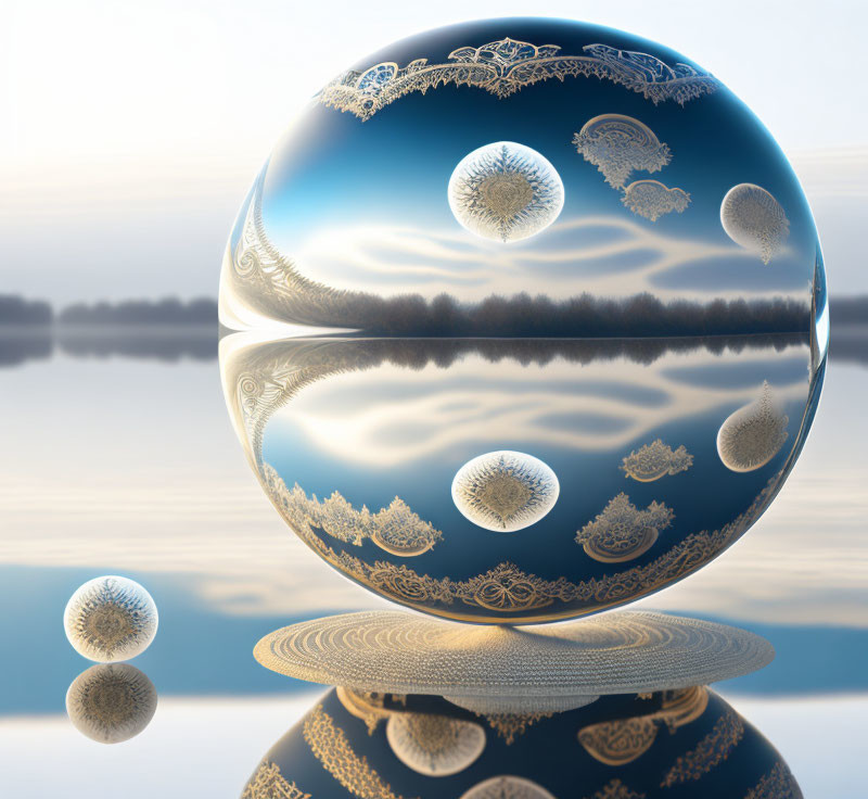 Intricate lace-like patterns on reflective sphere above calm water