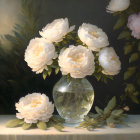 Pale-Peach Peonies in Glass Vase with Fairy Lights and Green Foliage