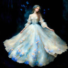 Ethereal woman in blue gown with floral embellishments against dark backdrop