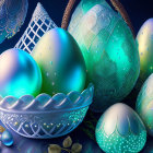 Vibrant Easter eggs with intricate patterns and jewels on blue backdrop