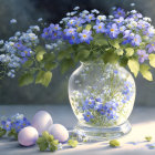 Tranquil still life with blue flowers, green foliage, and pastel eggs