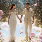 Romantic couple walking among flowers and butterflies