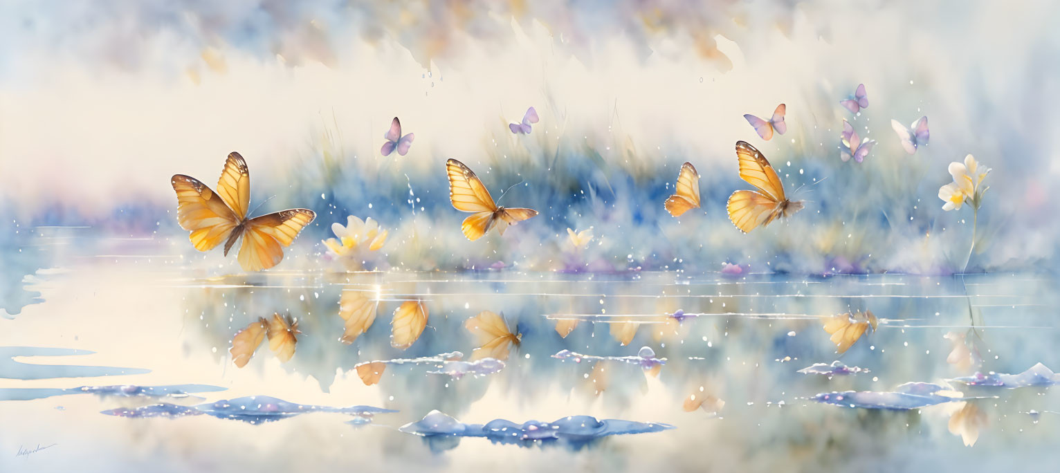 Tranquil watercolor scene with butterflies, calm water, blooming flowers