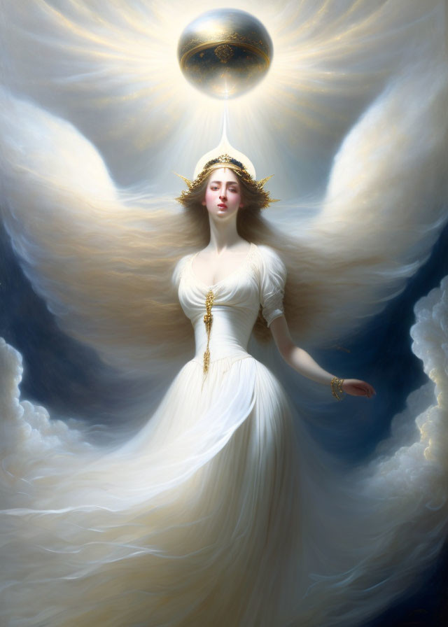 Woman in white gown with golden accessories in clouds with floating sphere emitting light