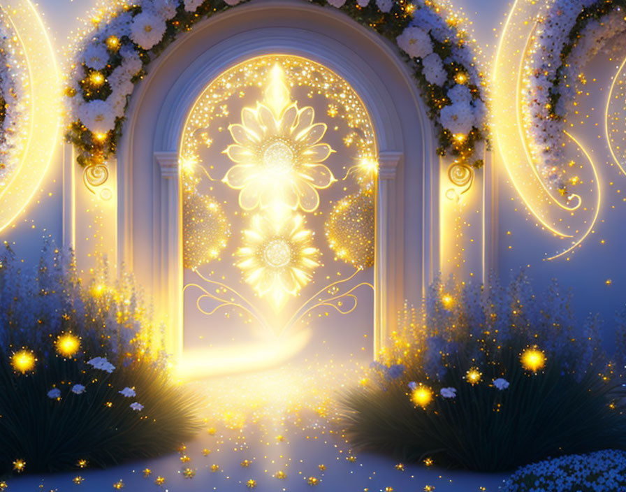 Ornate Illuminated Gateway with Floral Arches at Twilight