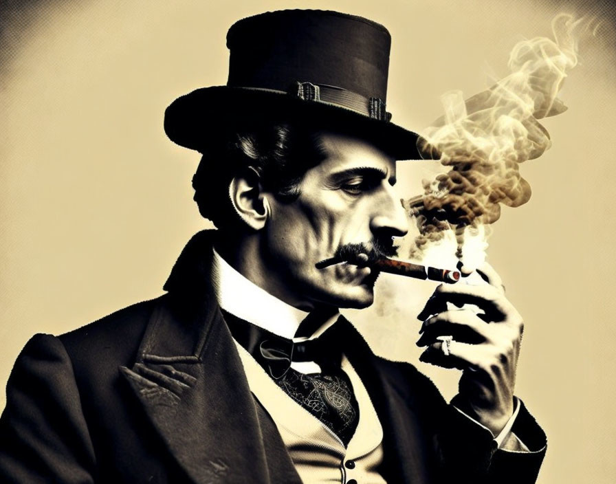 Vintage-style portrait of mustachioed man in top hat and suit smoking cigar.