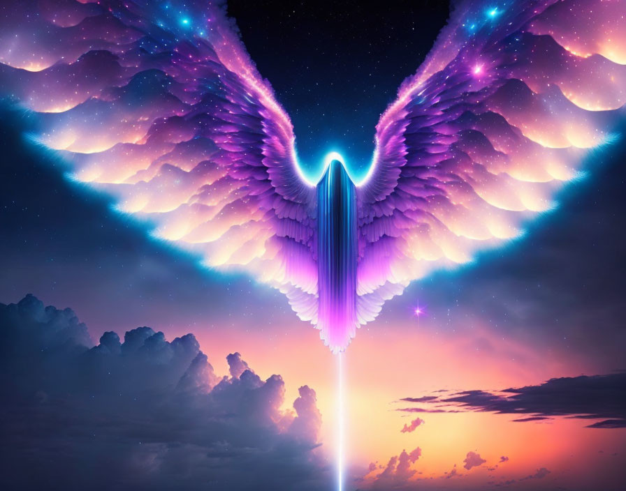 Celestial figure with cosmic wings in twilight sky