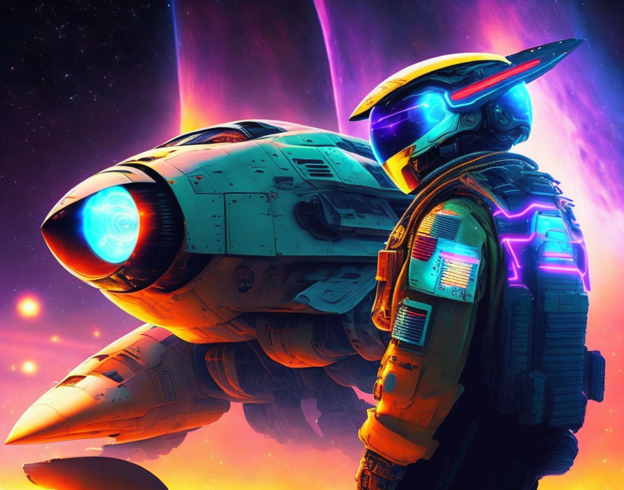 Futuristic astronaut with space jet in cosmic backdrop