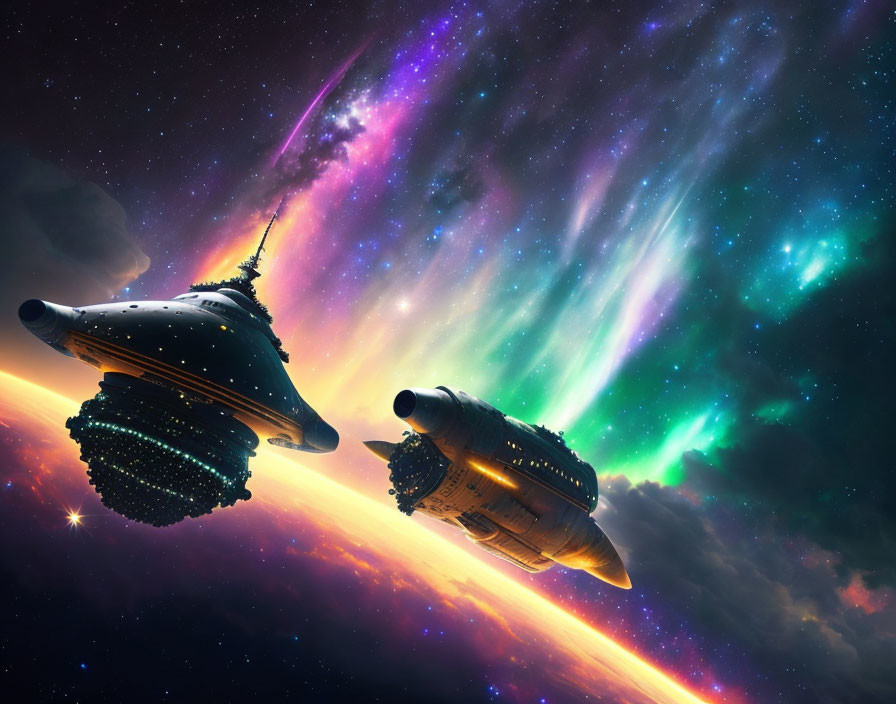 Futuristic spacecrafts in vibrant cosmic nebula