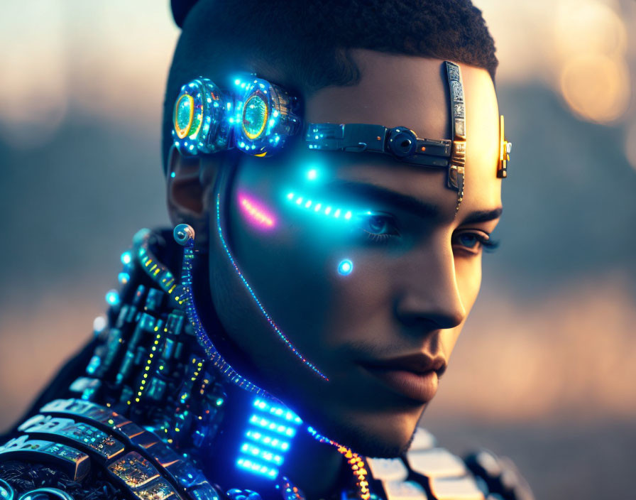 Futuristic cyborg with glowing blue lights and mechanical parts