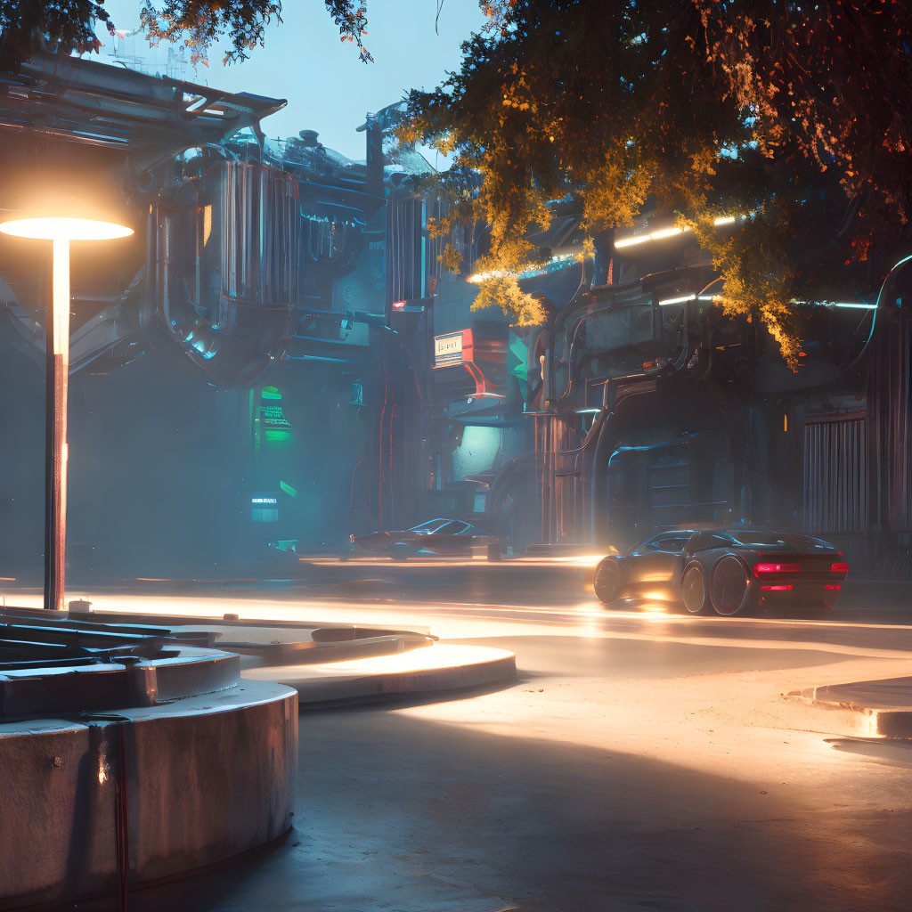 Futuristic neon-lit cityscape at twilight with advanced vehicles and industrial structures.