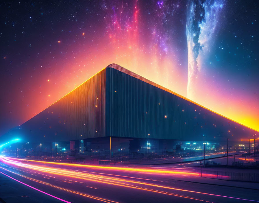 Futuristic building under vibrant starlit sky with cosmic phenomena and light streaks